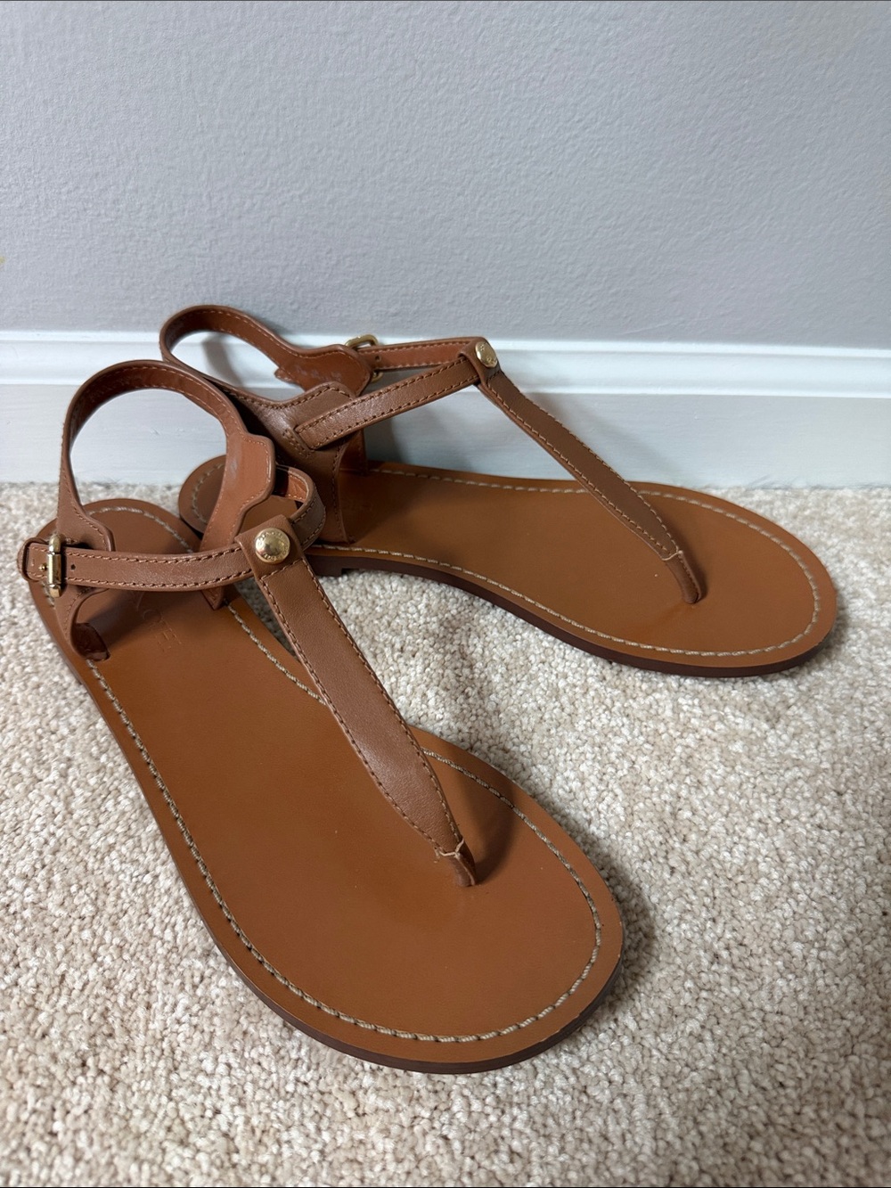 Coach Brown T-Strap Leather Sandal with Gold Stud